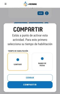 En compartir, seleccionas el tiempo ilimitado o un rango de fecha para que los apoderados realicen la actividad con sus hijos
